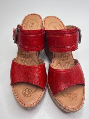 BORN Sandals EUC Red Leather 3" Wedge Cork Heel Slip On Buckle accent 11 M